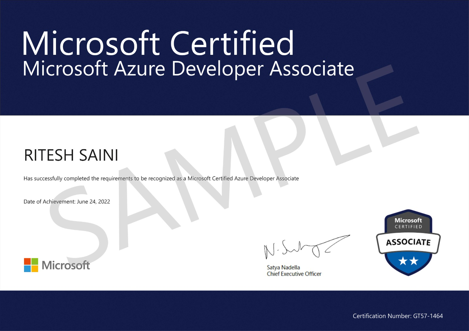 Sample Microsoft Azure Developer Associate certificate